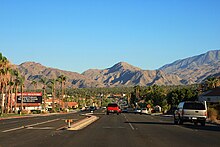Cathedral City, on California State Route 111 near Palm Desert Cathedral City CA panorama.JPG