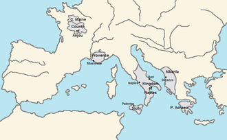 A map presenting Charles's realms: Anjou and Maine in the middle of present-day France; Provence in southeastern France; the Regno in southern Italy; Albania in present-day Albania and northeastern Greece; Achaea in southern Greece.