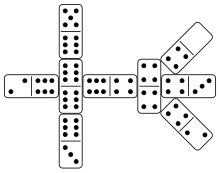 An example of a chicken foot, played with fours. A double is played with its long side against the endpoint, and no other play can be made until three matching dominoes have been played on the other side Chickie4s.svg
