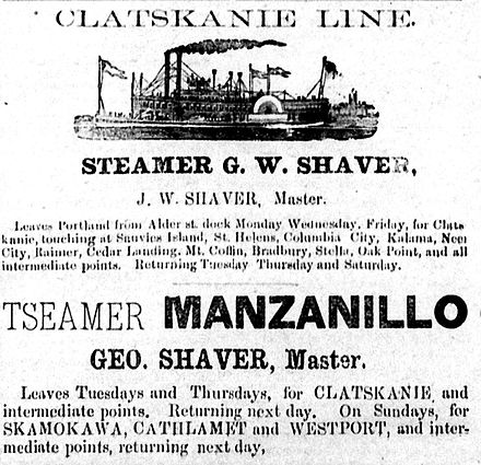 Advertisement for service to Clatskanie by Manzanillo, placed August 21, 1891. Clatskanie Line ad 21 August 1891.jpg