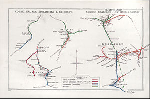 Map showing the proposed Midland line into Bradford Colne, Halifax, Holmfield & Keighley Laister Dyke, Bowling, Bradford, Low Moor & Shipley RJD 8.jpg
