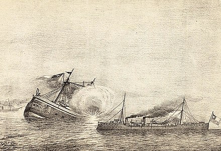 Sinking of the Chilean ironclad Blanco Encalada by a torpedo in the Battle of Caldera Bay, during the Chilean Civil War of 1891.