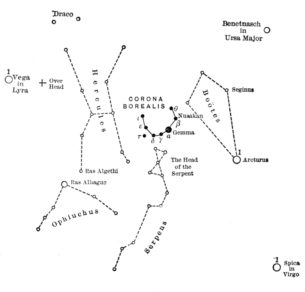 The constellation Corona Borealis with it's major stars labelled.