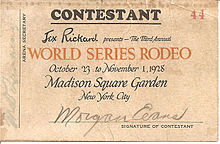 Bulldogging champion Cowboy Morgan Evans competition chit at Madison Square Garden's 1928 World Series Rodeo Cowboy Evans World Series Rodeo CONTESTANT.jpg