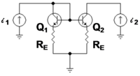 Figure 3: Bipolar current mirror: i1 is the reference current and i2 is the output current; lower case symbols indicate these are total currents that include the DC components Current mirror.png