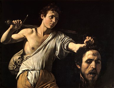 Davido kun la kapo de Goljato, pentraĵo de Caravaggio, 1606.