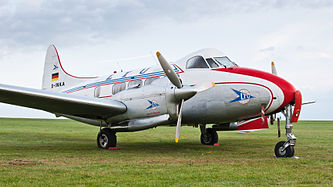 English: LTU - Lufttransport-Unternehmen De Havilland DH-104 Dove 8 (reg. D-INKA, cn 04266, built in 1949). Engine: 2 × deHavilland GQ 70. Deutsch: LTU - Lufttransport-Unternehmen De Havilland DH-104 Dove 8 (Reg. D-INKA, cn 04266, Baujahr 1949). Motor: 2 × deHavilland GQ 70.