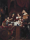 Jan de Bray (izquierda) y su familia se hacen pasar por El banquete de Antonio y Cleopatra.  Para la fecha de esta segunda versión de 1669, la mayoría de los modelos habían muerto a causa de la peste algunos años antes.