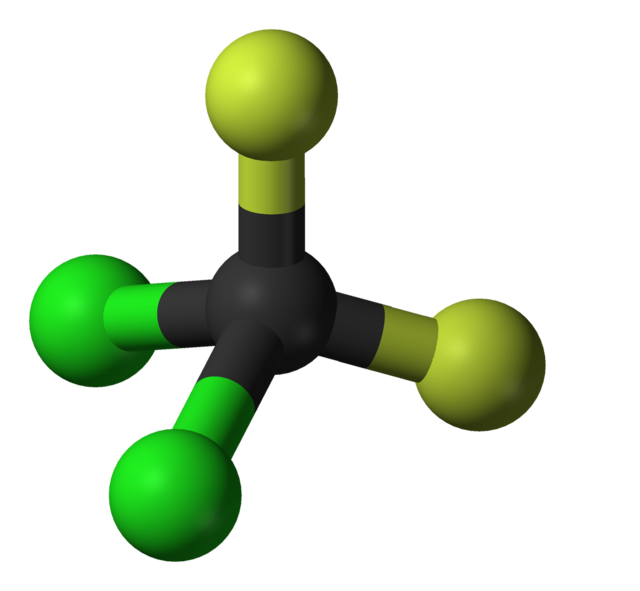 Modell av difluordiklormetan. Difluorodiklorometan (en freon). Det lustiga med den här molekylen är att den heter dichlorodifluoromethane (inte difluorodichloromethane) på engelska. Det beror på att substituenterna ska anges i bokstavsordning.