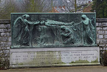 Monument to the 674 civilian casualties of Dinant's "Teutonic fury" on August 23, 1914, including 116 shot on this site. Dinant Hommage1914 970.jpg