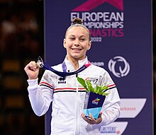 European Championships 2022-08-14 Junior Women Apparatus finals Victory ceremony (Norman Seibert) - DSC 0526 (cropped).jpg