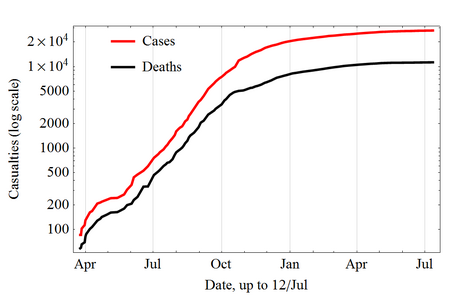 Evolució temporal de casos i morts en escala logarítmica.