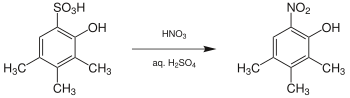 English: Example of an ipso nitration Deutsch:...