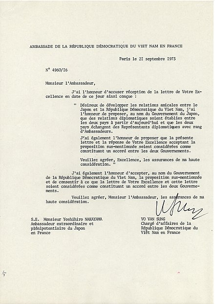 The document establishing official bilateral relations between Japan and North Vietnam signed in Paris, France on 21 September 1973.