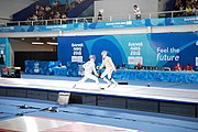 Deutsch: Fechten bei den Olympischen Jugend-Sommerspielen 2018: Tag 1, 7. Oktober 2018, Jungen, Säbel, Kampf um Bronze - Mazen Elaraby (EGY) - Robert Vidovszky (USA) 15:10 English: Fencing at the 2018 Summer Youth Olympics at 7 October 2018 – Boys' sabre Bronze medal match – Mazen Elaraby (EGY) Vs Robert Vidovszky (USA) 15:10