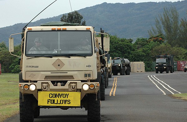 A convoy of U.S. Army trucks in Hawaii