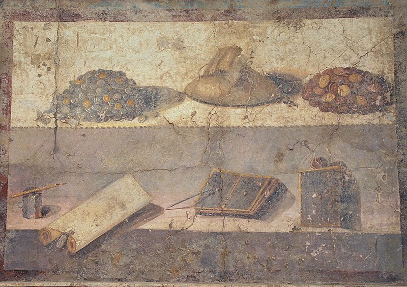 File:Fresco showing a money pouch between gold heaps and writing utensils (below), from the Praedia of Julia Felix in Pompeii, Naples National Archaeological Museum.jpg