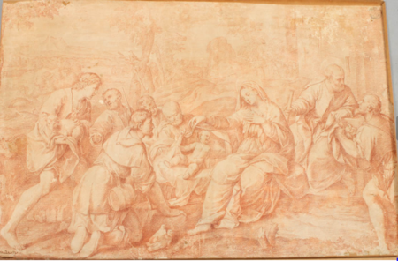 Adoration of the Shepherds, a copy of a painting by Bonifacio Veronese, but mistakenly attributed a tergo to Raphael Sanzio da Urbino, 1508 Full picture.png