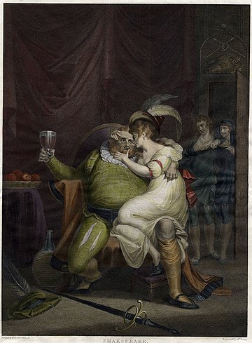 Falstaff cuddling Doll Tearsheet in a scene from a Shakespeare play