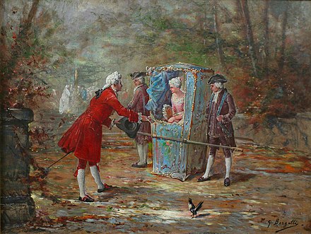 A rococo sedan chair arrives at a garden party. 19th-century oil painting by G. Borgelli.