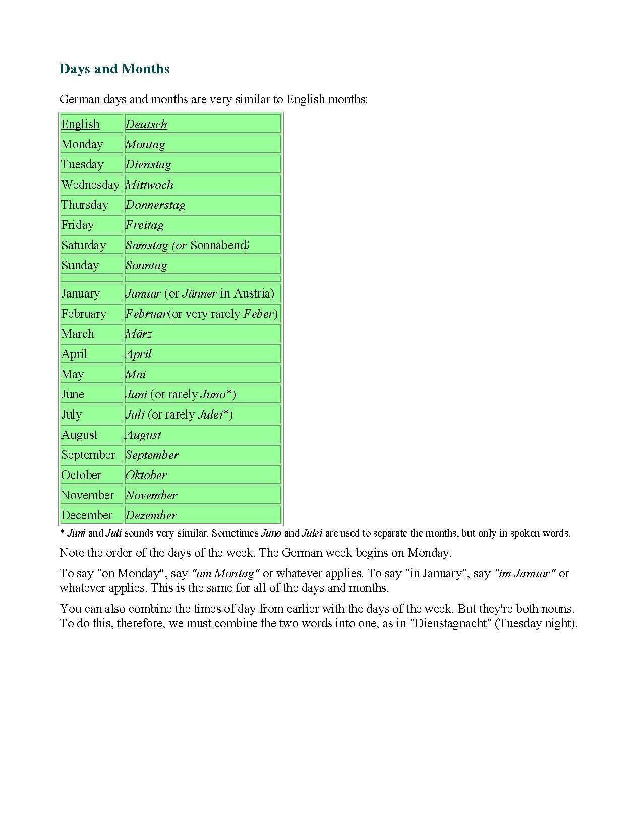 Monday say. German months. Days of the week in German. English and German similarity. German week Days pdf.