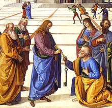 According to Catholic doctrine, the popes are successors of Saint Peter (kneeling, right) Gesupietrochiave.jpg