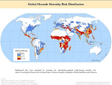 Global multihazard mortality risks and distribution (2005) for cyclones, drought, earthquakes, floods, landslides, and volcanoes (excluding heat waves, snowstorms, and other deadly hazards). Global Multihazard Mortality Risks and Distribution (5457923756).jpg