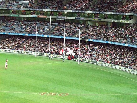 Australian rules football goal posts. Note the taller goal posts in the middle, and the shorter behind posts flanking them.