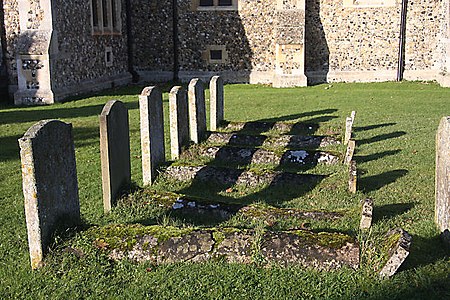 Row of graves with headstones (left) and footstones (right) in Snailwell, England Gravestones at Snailwell - geograph.org.uk - 1067272.jpg