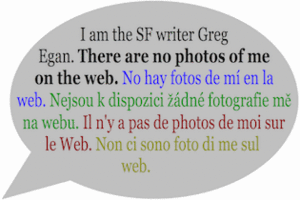 Infographic from Greg Egan's web site stating that he appears in no photos on the web.