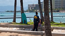 HPD Police at Waikiki Beach on May 2, 2020 HPD on Waikiki Beach, Honolulu, Hawaii.jpg