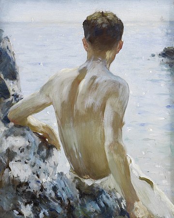 Estudo de praia por Henry Scott Tuke, por volta de 1928. Tuke foi um artista visual britânico; principalmente um pintor, mas também um fotógrafo. Seu trabalho mais notável foi no estilo impressionista, e é mais conhecido por suas pinturas de meninos e jovens nus. Além de suas realizações como pintor figurativo, era um artista marítimo estabelecido e produziu muitos retratos de veleiros. Foi altamente prolífico, com mais de 1 300 trabalhos listados e mais sendo descobertos. (definição 2 653 × 2 653)