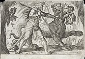 Gravure de Cerbère et Héraclès par Antonio Tempesta (Cereberum domat Hercules, publié en 1606). Musée d'Art du comté de Los Angeles.