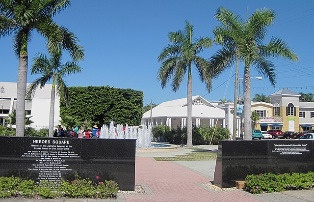 The Heroes Square in the centre of George Town, which commemorates the Cayman Islands' war dead. The Legislative Assembly building is at the left.