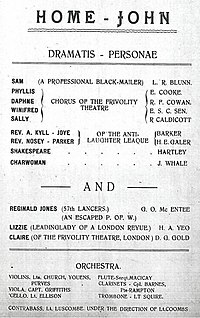 Cast list for "Home John", a revue performed in the camp on 27 July 1918. Erroll Sen appeared as "Winifred", and James Whale as "Charwoman". Home John cast list.jpg