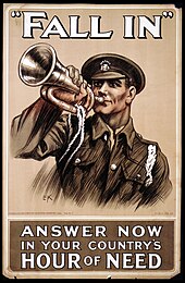 A soldier blowing bugle. The poster states "'Fall in' answer now in your country's hour of need."