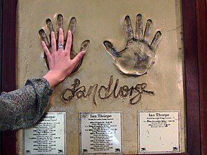 Ian Thorpe's hand prints at the Sydney Aquatic Centre. Ian Thorpe's Giant Hands.jpg