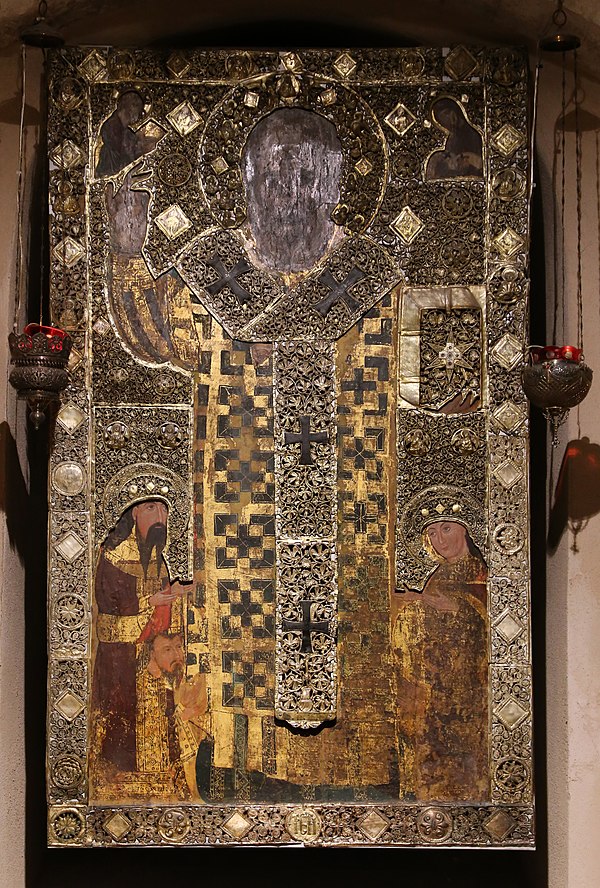 Stefan Dečanski with his son Stefan Dušan (lower left corner) on the icon of St. Nicholas in the Basilica di San Nicola, Bari, Italy