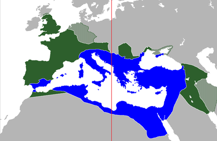 ユスティニアヌス1世時代の東ローマ帝国（青色部分）