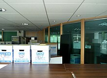 The interior of the Laiki Bank, Finchley, filled with boxes and cabinets after closure. Interior of the Laiki Bank, Finchley, North London after closure.JPG