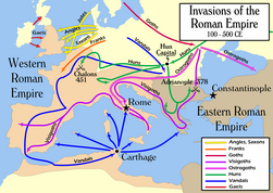 Ending invasions on Roman Empire between AD 100–500. Visigoths entering Athens. The Sack of Rome by the Barbarians in 410 by Joseph-Noël Sylvestre.