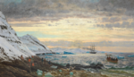Dampskonnerten Fox står ind i Arsukfjorden, to konebåde og en kajak er på vej ud for at tage imod, 1892
