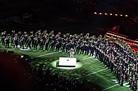 Timberlake performing "Suit & Tie" with the Minnesota Marching Band at Super Bowl LII Justin Timberlake's Super Bowl LII Halftime Show, Minneapolis MN (26245751098) (a).jpg