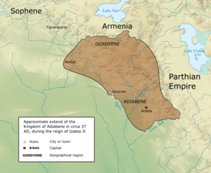 Адиабена в наибольшей экспансии в 37 г. н.э. при Изате II
