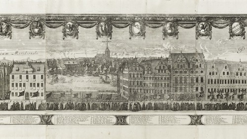 Kopparstick av Erik Dahlbergh från Karl X Gustavs begravning i Stockholm 1660, Livrustkammaren.Vy mot Södermalm.