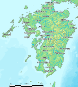 Mapa de Kyushu con el mar Amakusa al oeste.