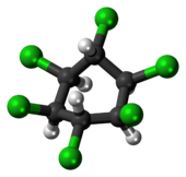 Ball-and-stick model of the lindane molecule (boat conformation)