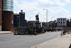 A view towards roadworks at the Lowgate junction and the King Billy statue in Kingston upon Hull, part of the Lowgate junction realignment works for the A63 Castle Street Improvement Scheme.