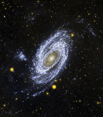 A GALEX image of the spiral galaxy Messier 81 in ultraviolet light.  Credit:GALEX/NASA/JPL-Caltech.