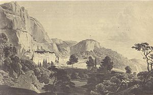 Мега Спилео. Из альбома английского археолога и художника Dodwell «Views in Greece from drawings» 1801—1806